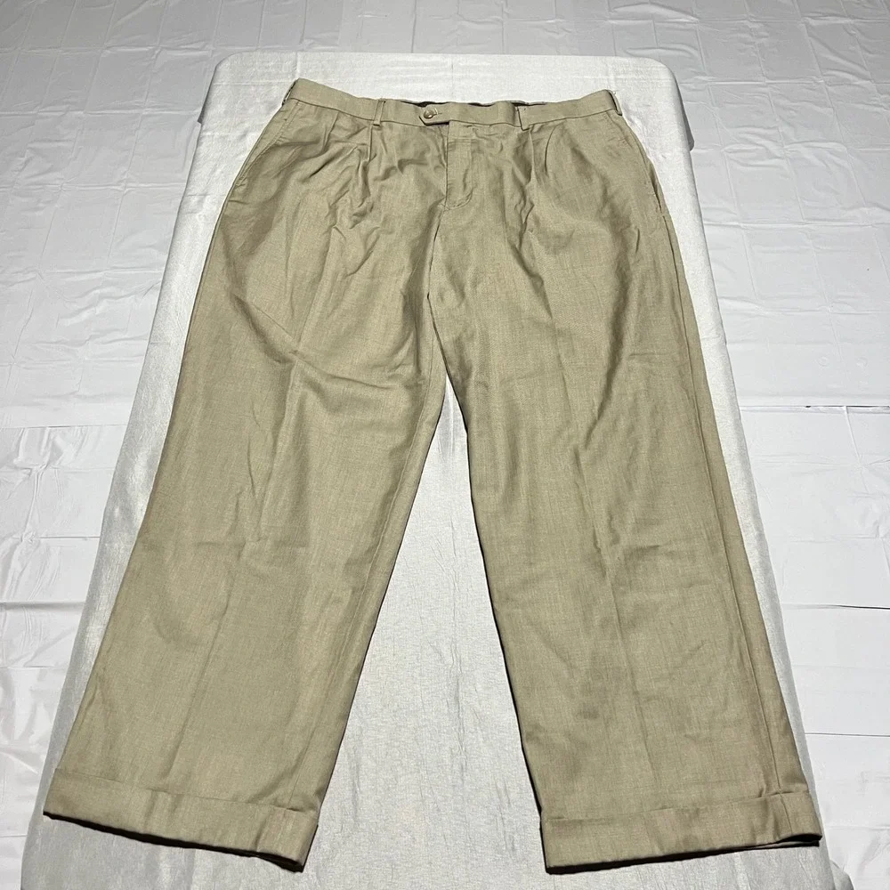 Perry Ellis America Mens 40x30 Tan Pleated Cuffed Dress Pants Khaki Trousers
